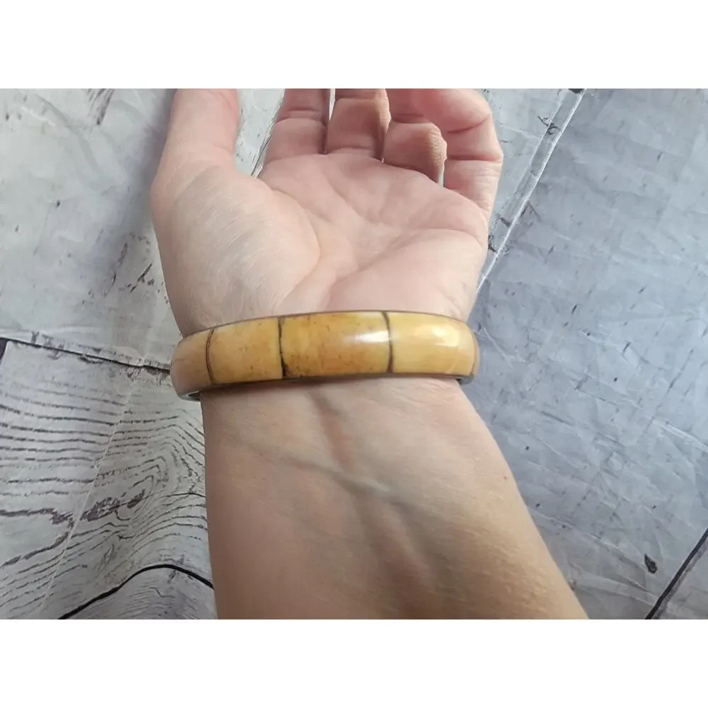 Vintage brass and inlaid bone bangle bracelet 1970s Chunky Bracelet